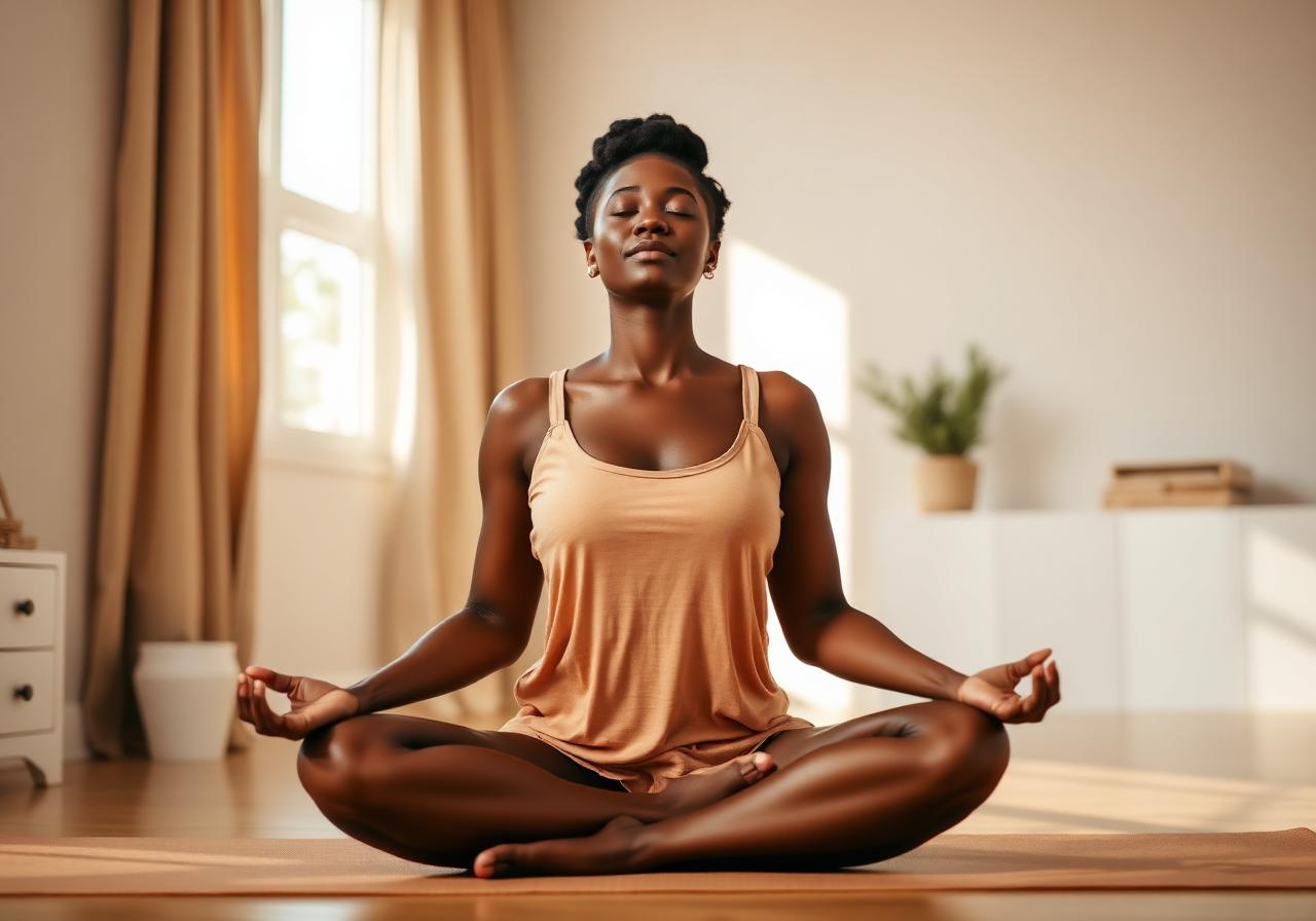 A woman meditating peacefully on a yoga mat